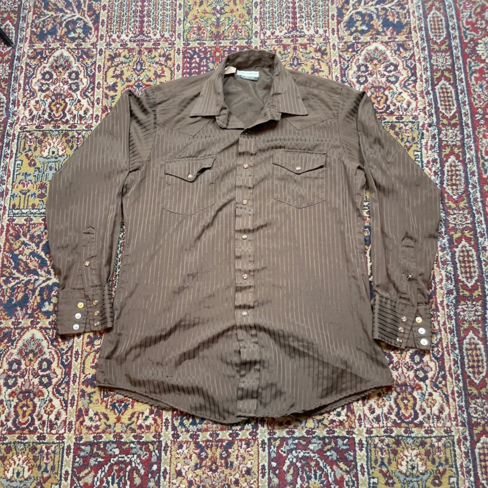 Gold Collection‎ by Karmay Western Pearl Snap Long Sleeve Shirt Brown Pinstripe